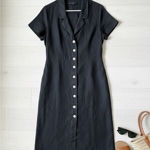 Quince 100% European Linen Short Sleeve Button-Front Midi Dress - Black - Size M